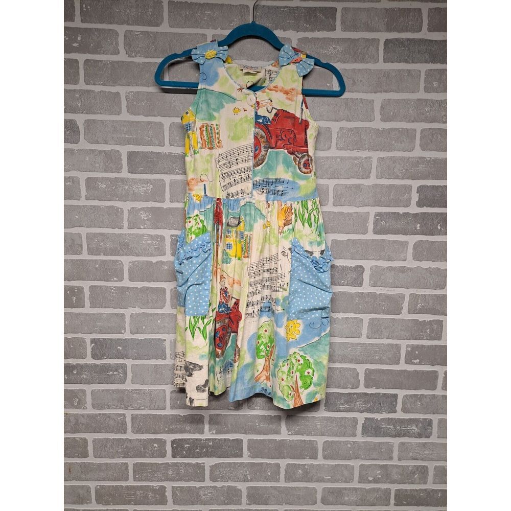 Flutterby Vintage 90s Girls Midi Dress Pockets Music Print Polka Dot Bow  Size 8